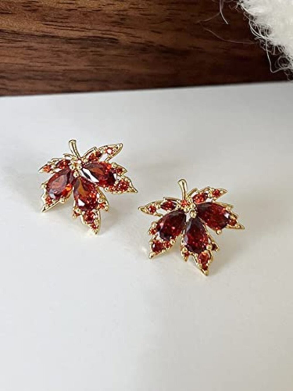 Unique Dainty Sparkly Crystal Orange Red Maple Leaf Dangle‎ Drop Stud Earrings